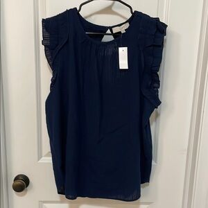 LOFT Women's Navy Ruffle Sleeve Top